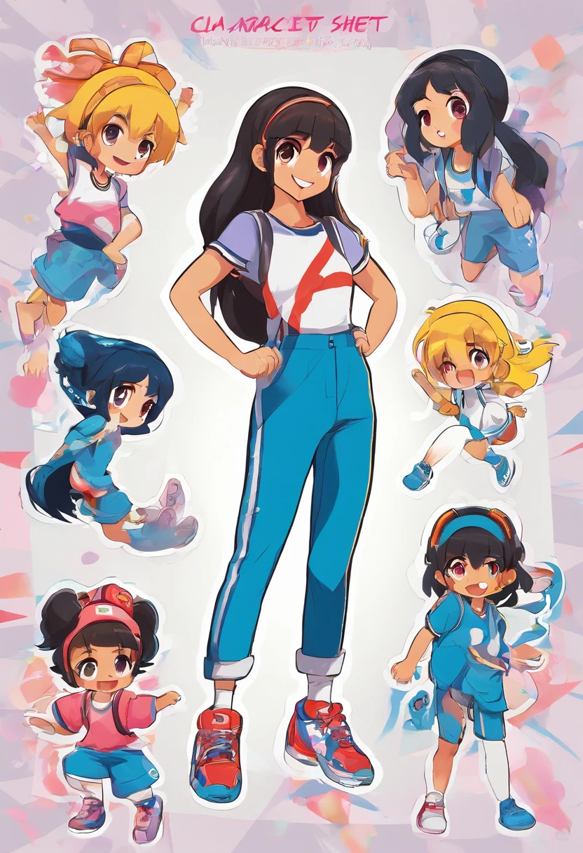 Chica latina, Pelo largo negro, 18yr old, ojos azules, Estilo Pixar, Cara hermosa, Multiple expression and poses, character sheet, en pantalones azules, zapatos negros, camiseta deportiva roja, Character dynamics, pose, cuerpo completo,Laughing face, (((Multi-character design sheet)))