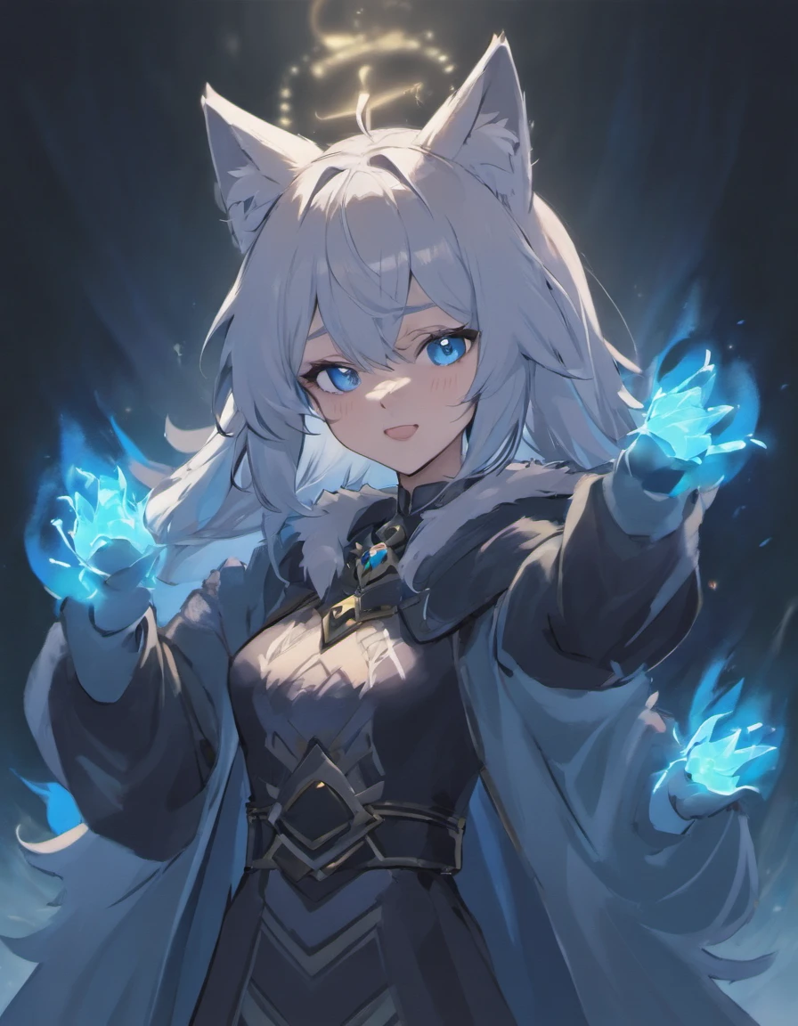 best quality female furry, anthropomorphic wolf, all black fur, bright blue glowing eyes, long eyelashes, wearing a white wolf mask, visible fangs, wearing elegant black 12th-century clothing