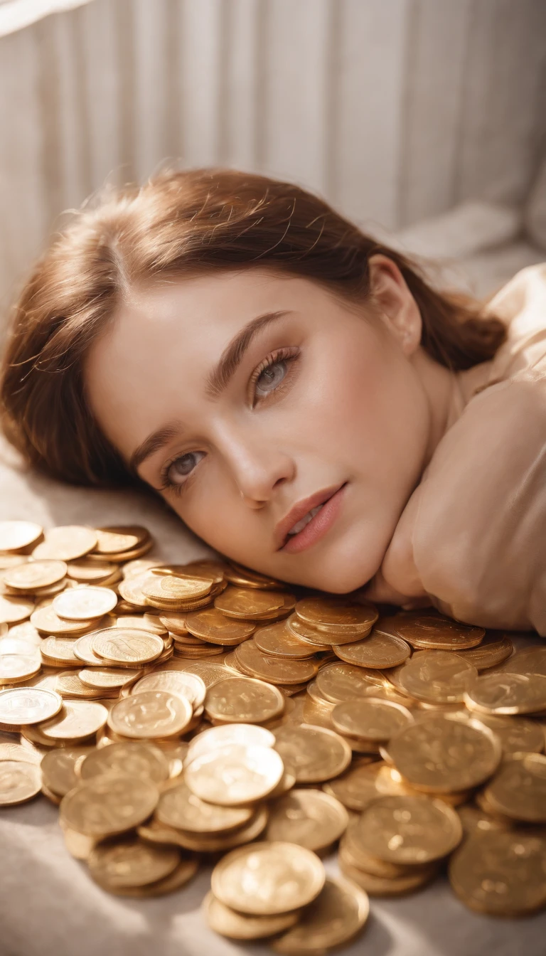 artistic photograph, A photo of a weeping young woman covered with dollars of gold coins, Overhead shot, Dazzling sunlight, Intricate, Flashy, Translucent, Medium scenario, Weird art style, Extremely creative, Simple and mysterious, High quality, 8K