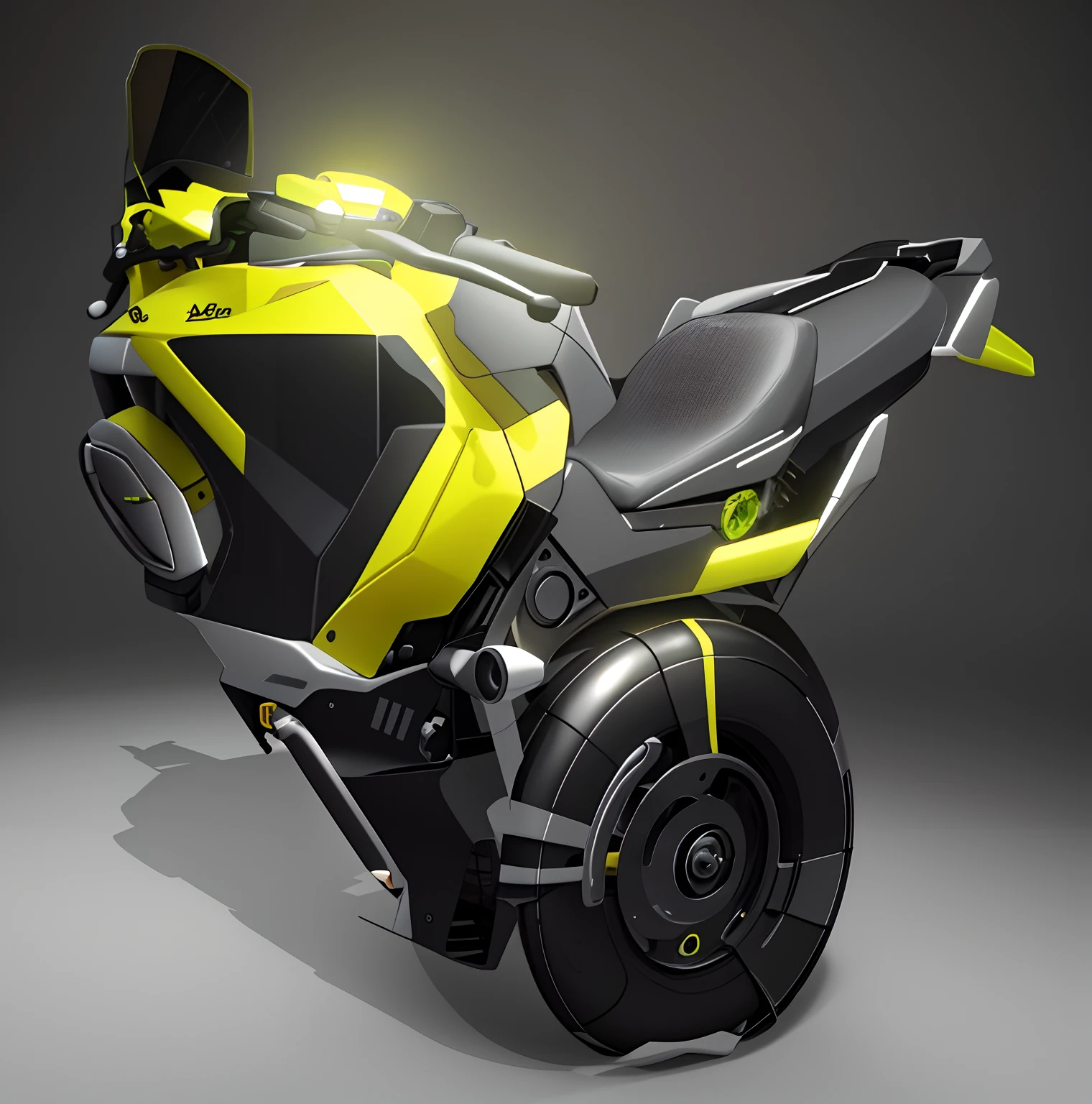 Close-up of a motorcycle with a yellow and green design, cycle render, Futuristic motorcycle, 3 d render n - 9, 3 d render of jerma 9 8 5, anime art vehicle concept art, blueshift render, Come motorcycle concept art, futuristic vehicle, re engine render, Ride high resolution rendering,sense of science and technology,Light sense,cyber punk perssonage,Cinematic texture