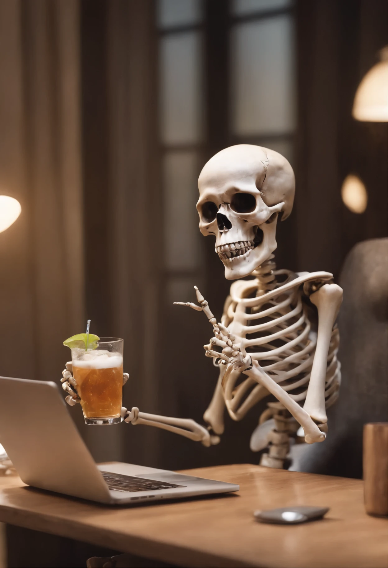 arafed skeleton sitting in a chair with a laptop and drinking a drink, cute skeleton, 3d illustration, 3 d illustration, cute 3 d render, 3 d render stylized, 2 d illustration, 2d illustration, cyber skeleton, an alien working on a computer, stylized 3d render, digital art render, stylized digital illustration