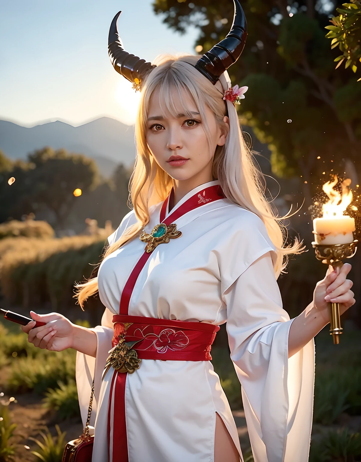 Professional , ​masterpiece、top-quality、photos realistic , depth of fields 、（White bikini armor)、（Mystical expression）、（（Fight dragons））,(Wear a beautiful kimono),（Wear a beautiful kimono with colorful floral patterns）、Jewel Gold Weapon、Particles of light),Gorgeous gold weapons ,（（ Gorgeous Dragon Sword）） , （Hold the Devil's Hand）,,（maikurobikini） 、（（White hair））、（Castle background）、（demonic wings）、（（Gangle's forest background））、Beautiful Caucasian beauty、１a person、dynamic ungle,(((Two devil's horns on the head)))、Smaller head、Idle Smile、Thin and beautiful female hands、Mystical expression、Light Effects、intense fighting、Wind-effect、magic circles、With the legendary magic wand、Dragon's tail、