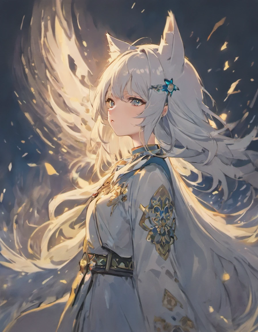 female anthropomorphic wolf with a blank white wolf mask over her face, has a scarred appearance, has all black fur, with bright blue eyes, long flowing black hair, wearing elegant 12th century clothing with floral patterns, and a tear running down her mask from crying while staring at the moon in the middle of a field. Anime art style