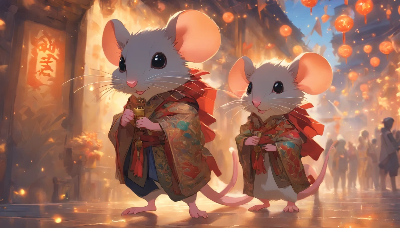 Zodiac rat Furry rats, ,Big eyes, Wear festive attire, Standing on the side of the street, Ancient style, Artistic touch,Snes painting