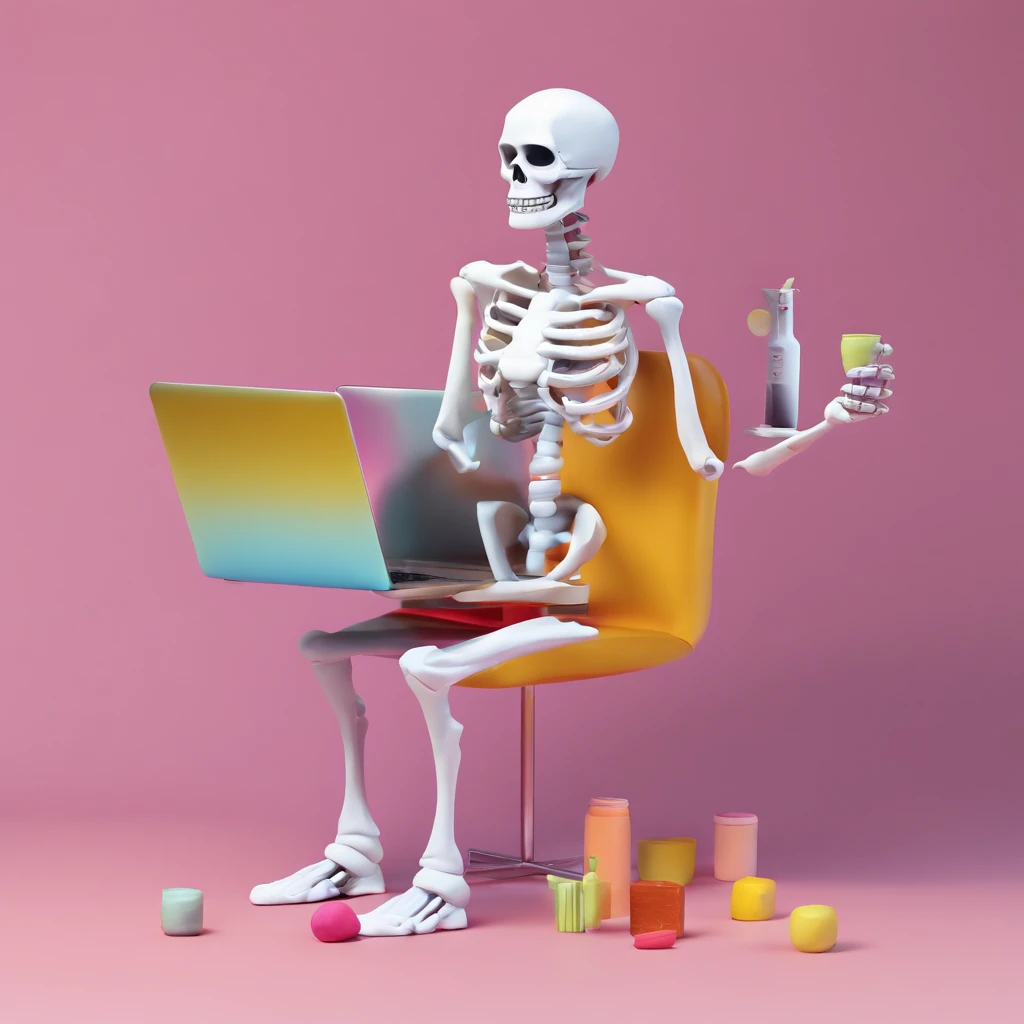 arafed skeleton sitting in a chair with a laptop and drinking a drink, cute skeleton, 3d illustration, 3 d illustration, cute 3 d render, 3 d render stylized, 2 d illustration, 2d illustration, cyber skeleton, an alien working on a computer, stylized 3d render, digital art render, stylized digital illustration