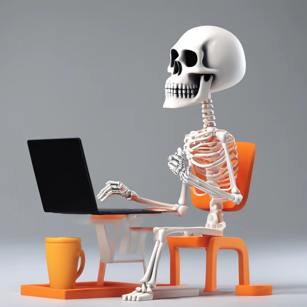 arafed skeleton sitting in a chair with a laptop and drinking a drink, cute skeleton, 3d illustration, 3 d illustration, cute 3 d render, 3 d render stylized, 2 d illustration, 2d illustration, cyber skeleton, an alien working on a computer, stylized 3d render, digital art render, stylized digital illustration