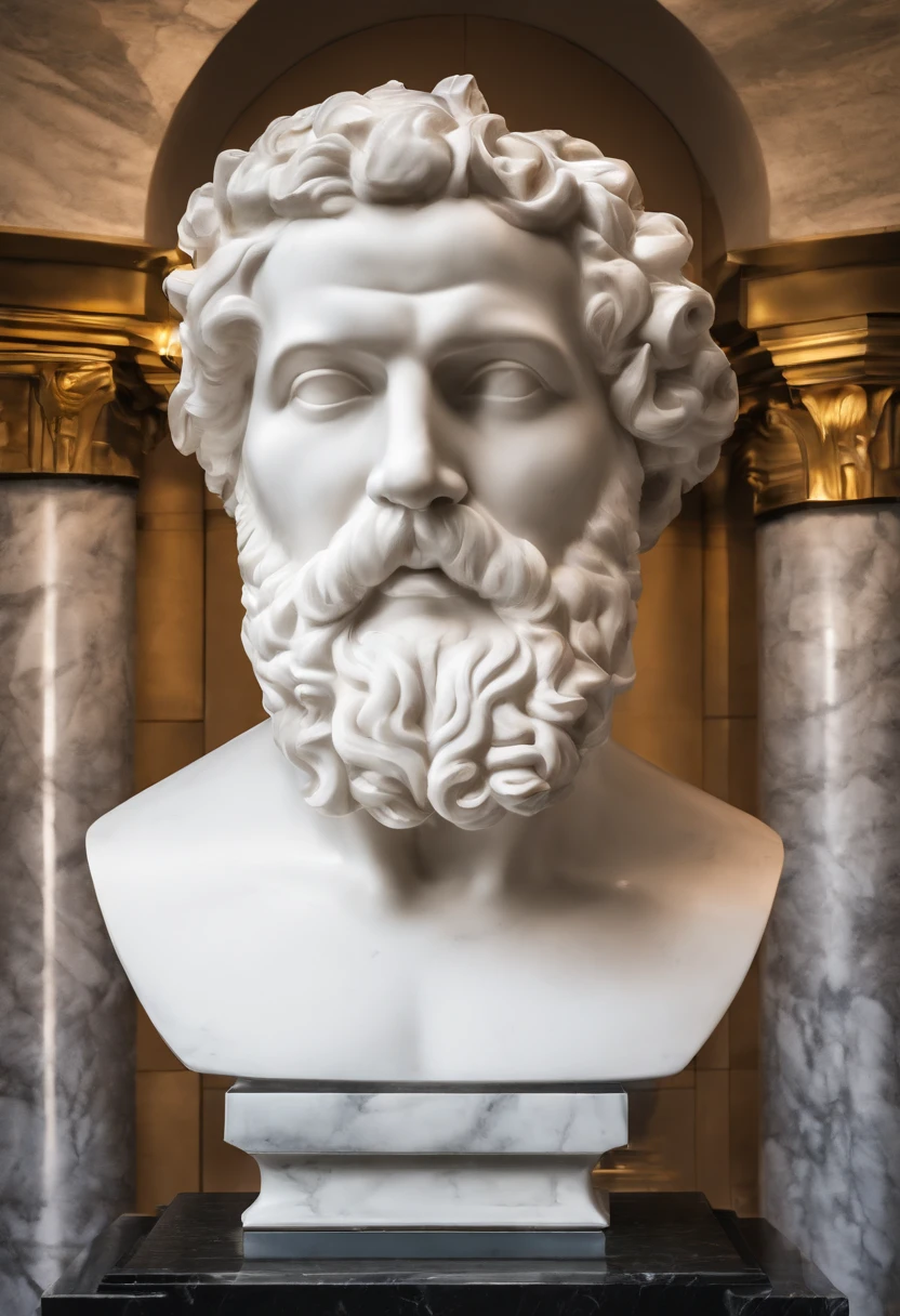 White marble statue of the bust of the wise man with the style of the bearded Greek philosopher in the museum. atmosfera escura, alto contraste de luz e sombra, fotografia profissional, utrarealista, light volumetric, cinemactic