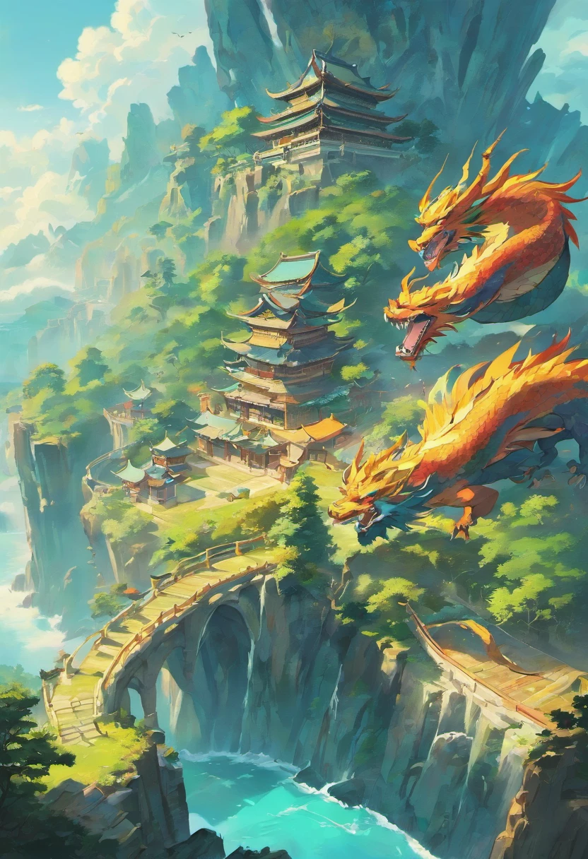 ancient chinese painting, an island populated above the clouds surrounded by huge guardian dragons, Chinese dragons, ultra details, ultra hd, 4k wallpaper