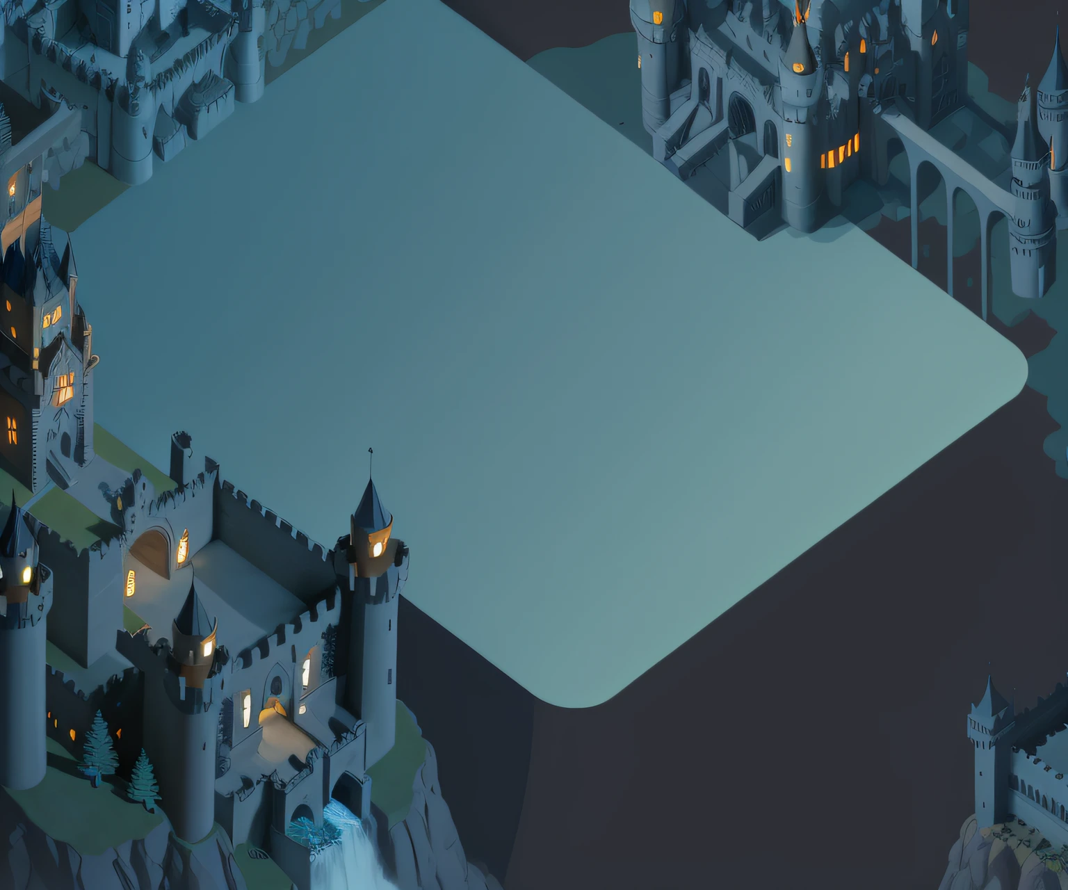 There is a castle,There is a fountain in the middle, dead tree,Bat swarm,Isometric 3D fantasy, shadowy castle background, isometric game art, isometric view of a wizard tower, incredible isometric screenshot, iso-distance view. Game RPG, an isometric fantasy map, isometric game, dark pastel castle background, isometric voxel art, Dark castle environment