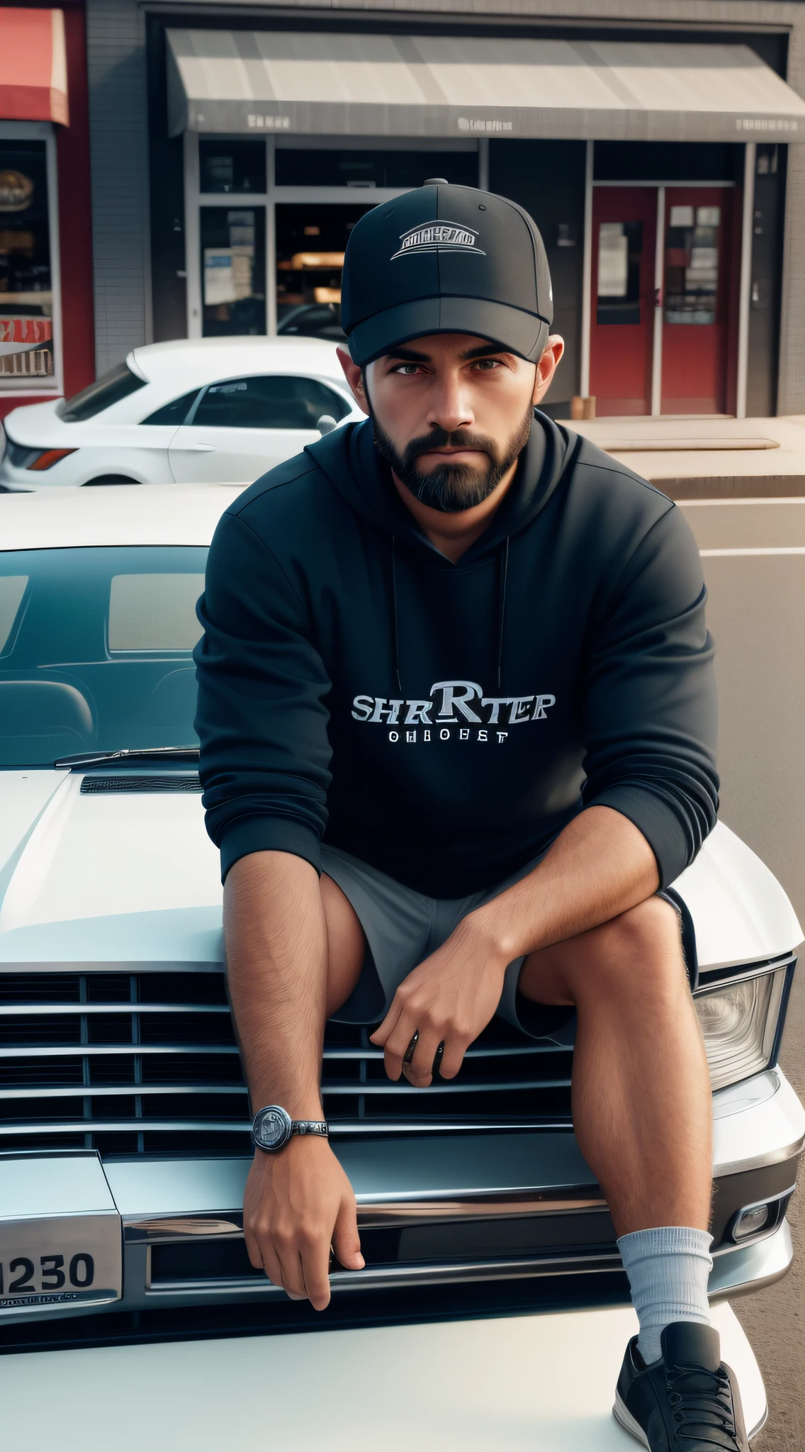 A man sitting on the hood of a car, set in front of a butcher shop, wearing a sweatshirt, shorts, hat, head-on portrait, close-up, looking directly at the camera.