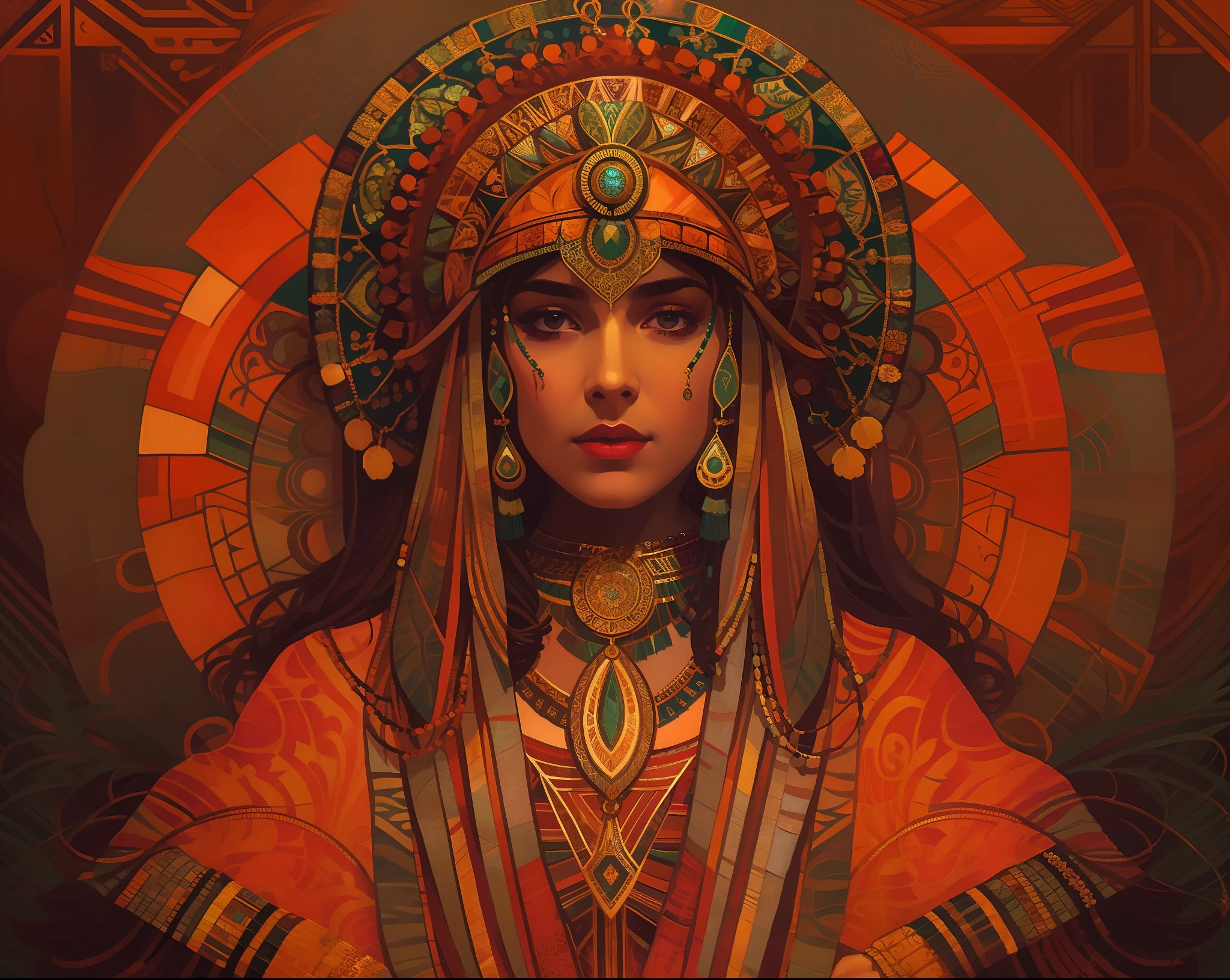 Draw a woman wearing a headdress and a large necklace, jen bartel, stunning digital illustration, art deco shaman, mucha style 4k, Goddess. Extremely high detail, Beautiful art UHD 4 K, 4k highly detailed digital art, 4K detailed digital art, Craig Mullins Alphonse Mucha, alphonse mucha and alena aenami, Beautiful digital artwork