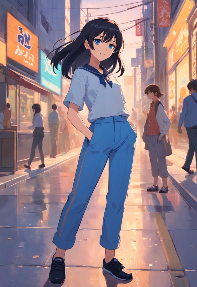 girl black long hair, 18 years blue eyes, style pixar, multiples expression and poses, character sheet, in blue pants, black shoes, character dynamic, pose, full body,laughing face, multiple  character design sheet.