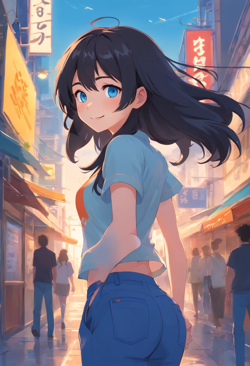 girl black long hair, 18 years blue eyes, style pixar, multiples expression and poses, character sheet, in blue pants, black shoes, character dynamic, pose, full body,laughing face, multiple  character design sheet.