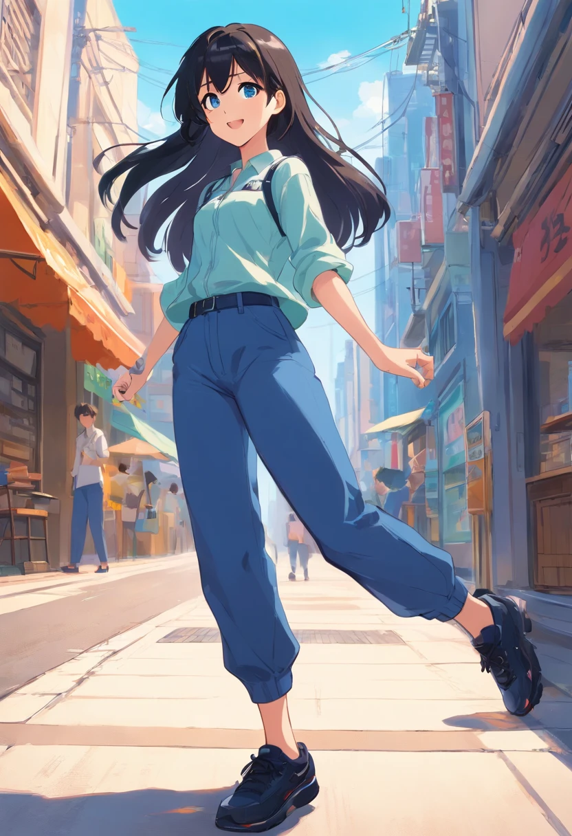 girl black long hair, 18 years blue eyes, style pixar, multiples expression and poses, character sheet, in blue pants, black shoes, character dynamic, pose, full body,laughing face, multiple character design sheet.