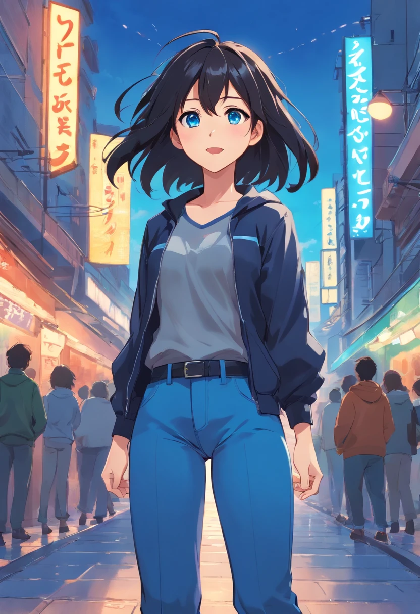 girl black long hair, 18 years blue eyes, style pixar, multiples expression and poses, character sheet, in blue pants, black shoes, character dynamic, pose, full body,laughing face, multiple  character design sheet.