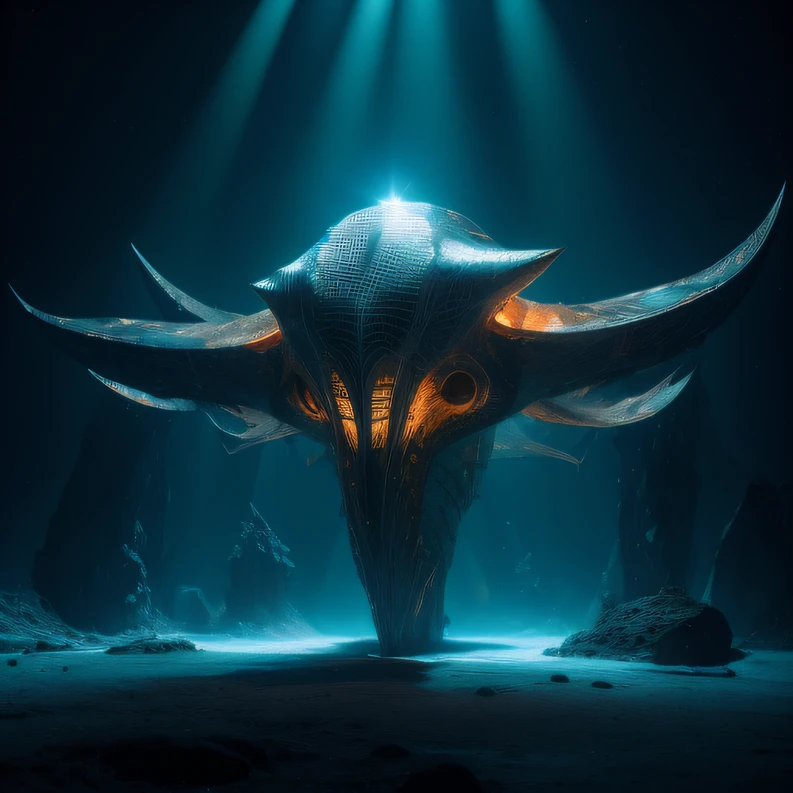 Giant squid mine,Stereo equidistance,starlights,dingdall effect,Light and shadow intensification,3D modeling,Four-dimensional model,Virtual Engine,rendering,Studio lighting,The light shines,fantasy atmosphere,vibrant with colors,8K,Surface reflected light