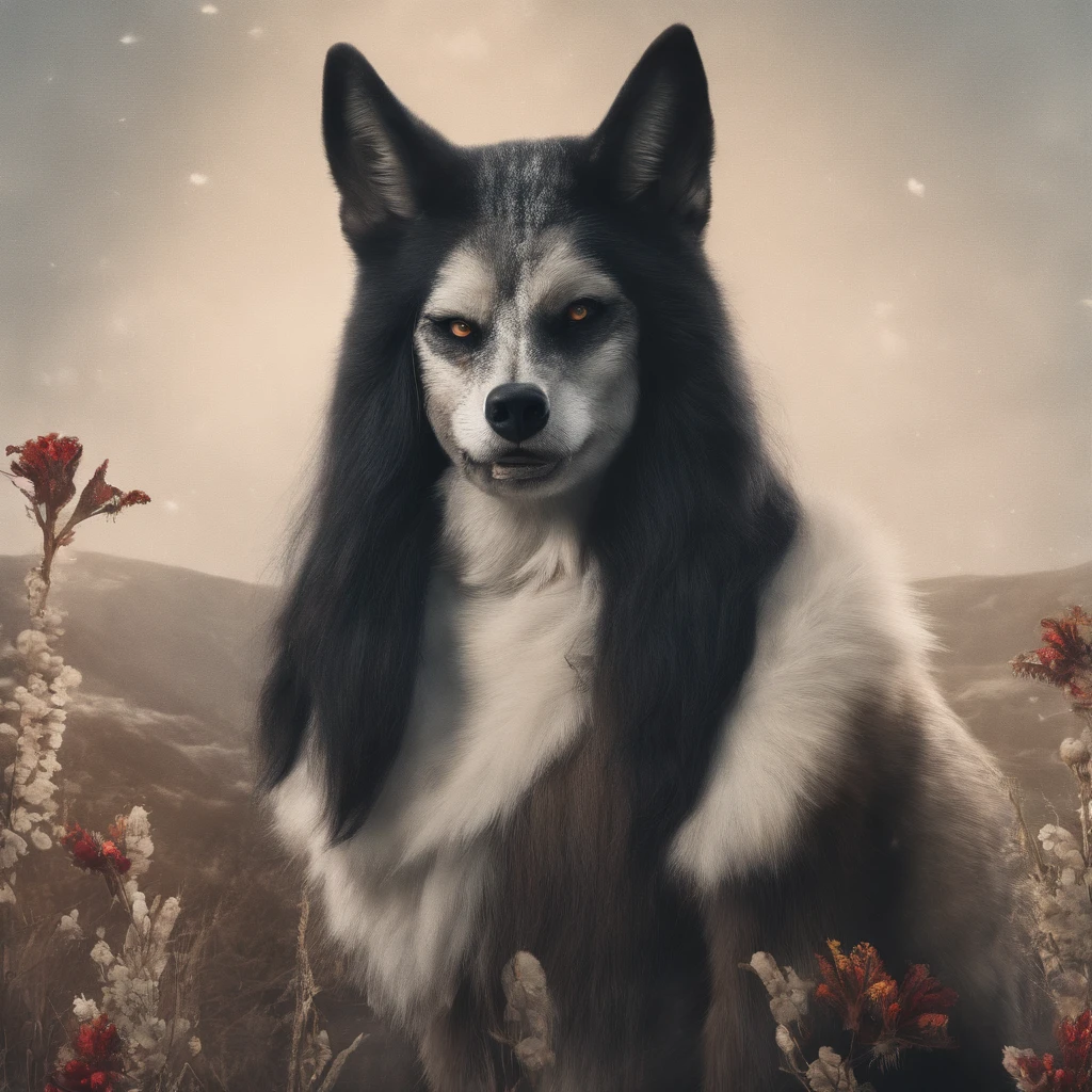 female bearing the appearance of a dark-furred anthropomorphic wolf with a blank white wolf mask over her face, has a scarred appearance, has all black fur, bright blue eyes, long flowing black hair, wearing elegant 12th-century clothing with floral patterns, and tear running down her mask from crying while staring at the moon in the middle of a field.