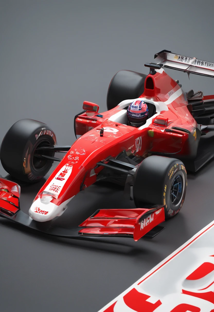 An F1 car The car has the word "China Aerospace" on it, the overall color of the car is red and white, the car has a rocket logo, and the car has a red flag marked with five stars