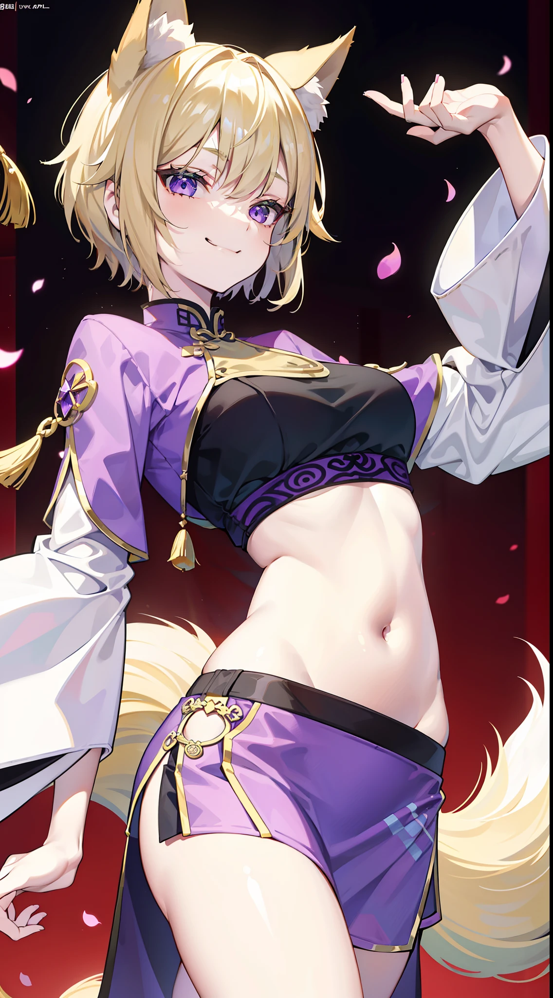 young girl, short blonde hair, Fox ears, violet eyes, long chinese skirt, Green Chinese tight top, open belly, smirk, Masterpiece, hiquality