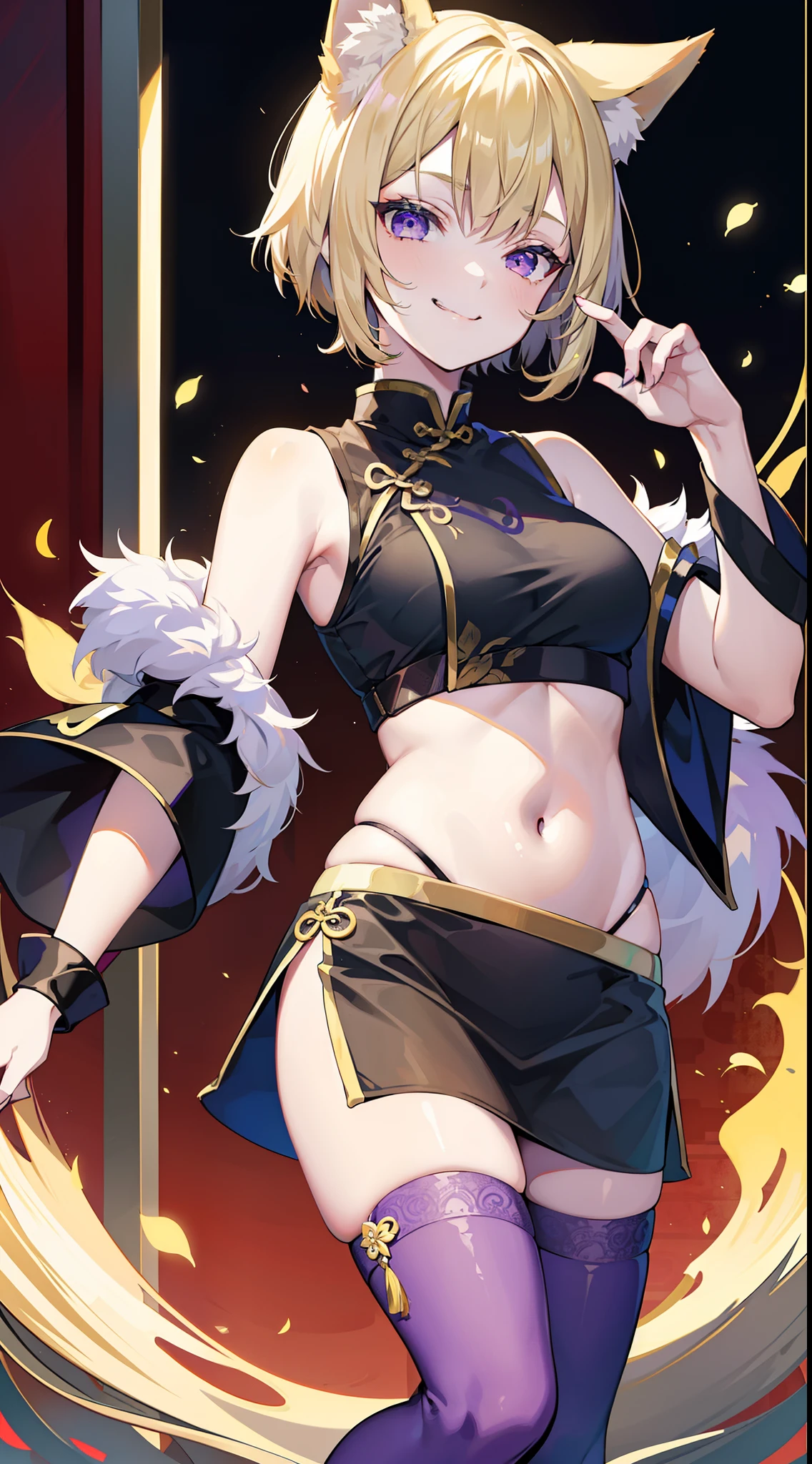 young girl, short blonde hair, Fox ears, violet eyes, long chinese skirt, Green Chinese tight top, open belly, smirk, Masterpiece, hiquality