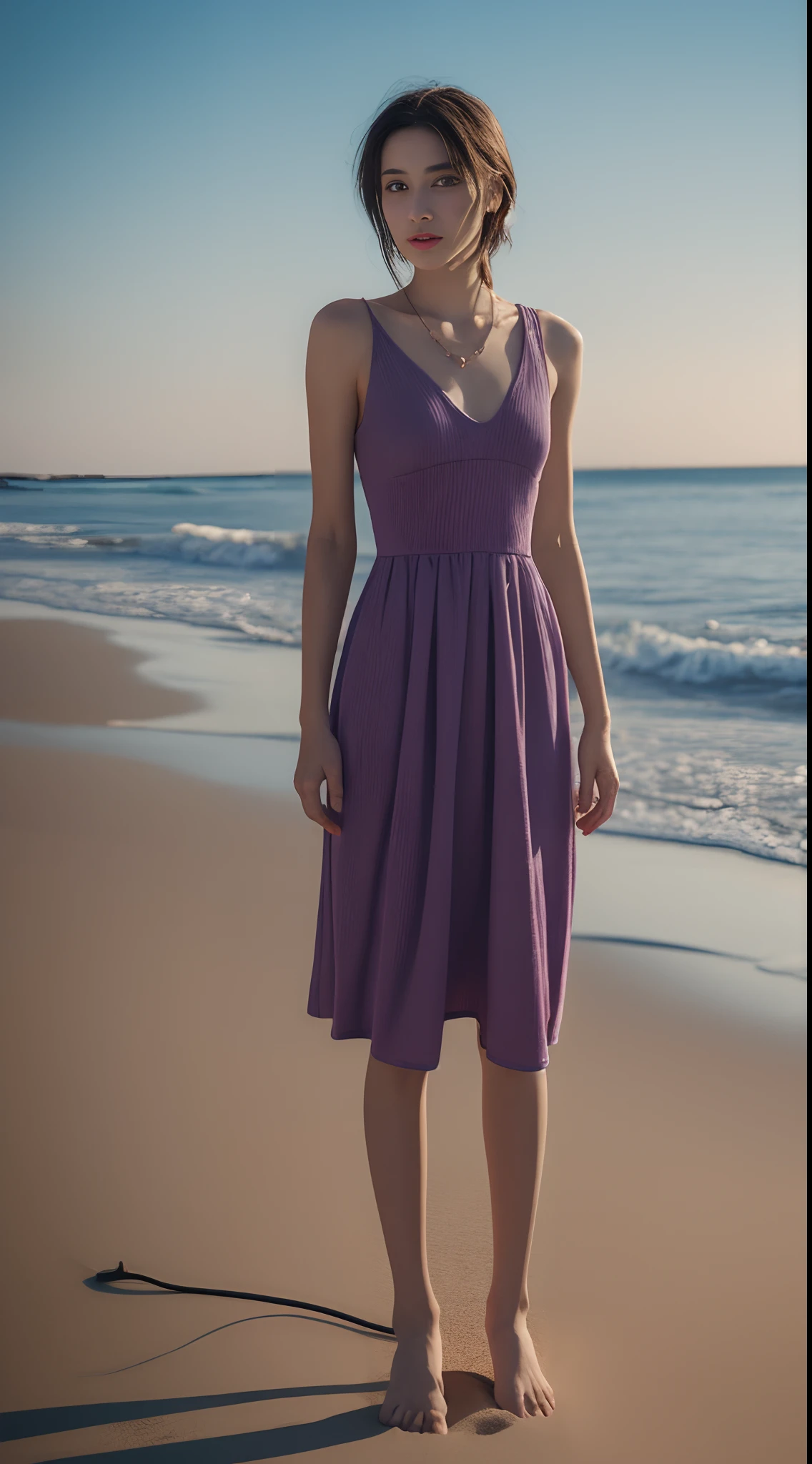 (Solo)，realisticlying，Fine face，夏天，beach side，sandbeach，Cinematic Light Lamp Light，kawaii faces，Extreme Detail CG Unity 8K Wallpapers，tmasterpiece，Highest image quality，Delicate light and shadow，The picture is highly dramatic，Cinematic lens effect，Excellent rendering，Enough to stand out from the crowd、Model body type、Slimed、A slender、small tits、tiny chest、Purple Summer Dress、a necklace、A bracelet、耳Nipple Ring