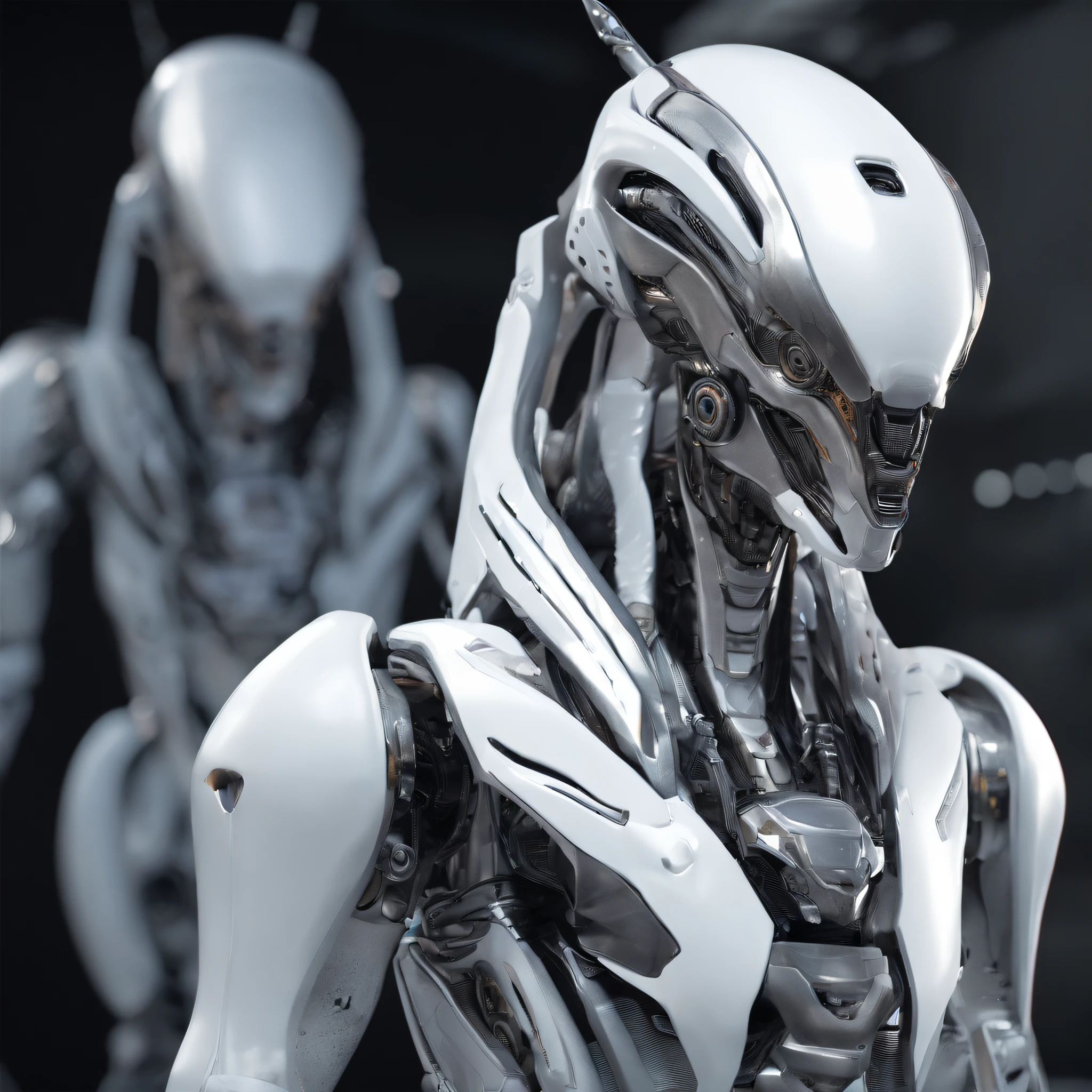 An alien，Humanoid，mechs，(Wearing a white zirconia dioxide ceramic surface mech:1.5)，(((Hard surface properties)))，(((streamlined line design)))，It has refined features in a sci-fi environment,with light glowing, Sparks and lights, best qualtiy，tmasterpiece，Photorealsitic, Highly detailed, iintricate，unreal 5 render，