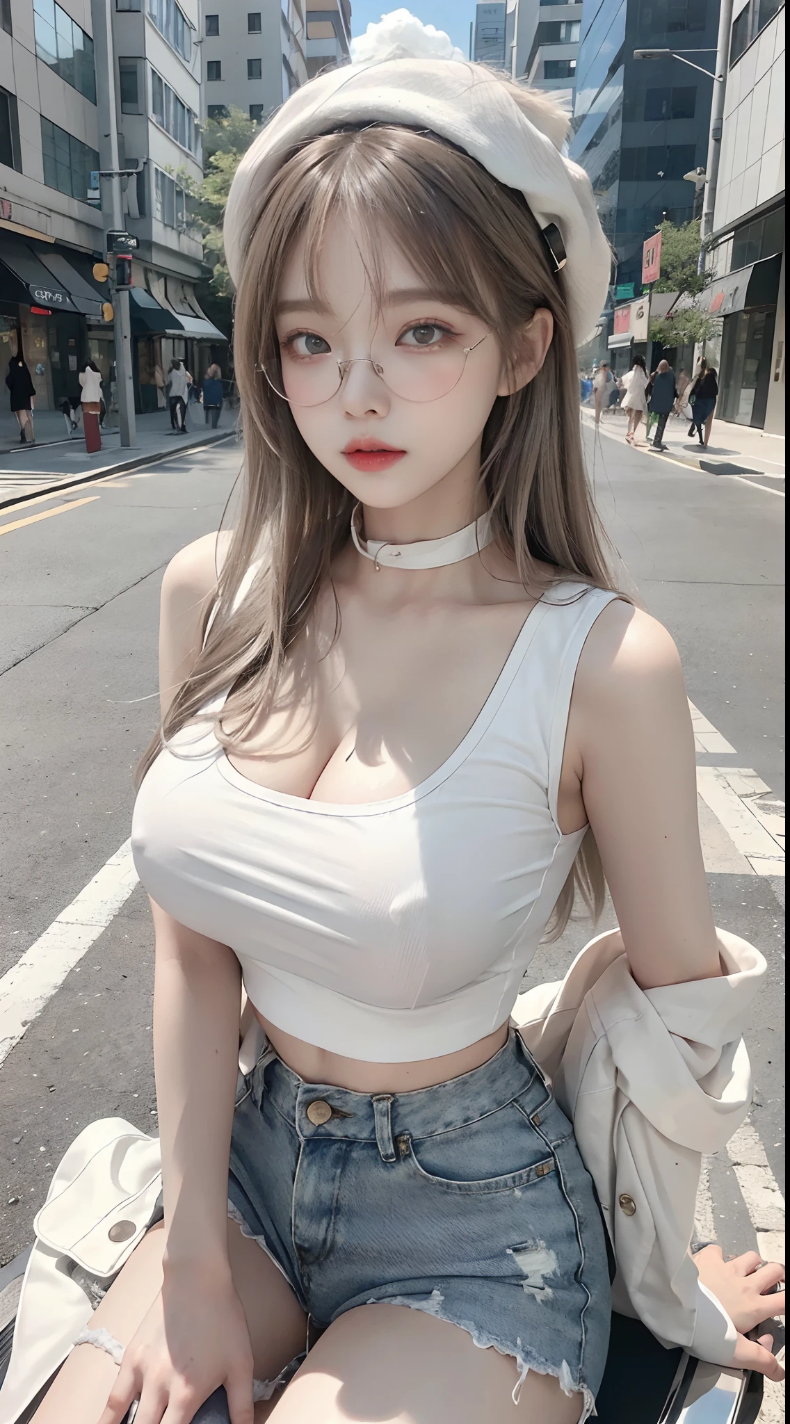 Top image quality、Raw photography、超A high resolution、18-year-old Korean、Glasses beauty、Colossal tits:1.5、cleavage of the breast:1.5、fair white skin、shiny white skin、(short bobbed hair)、((Light brown silver hair))、Beautiful eyes with random colors、very thin lips、beautiful eyes finely detailed、elongated eyes、pale pink blush、long eyeslashes、Beautiful double eyelids、eyeshadows、耳Nipple Ring、(Fashionable glasses、White sleeveless clothes、denim short pants、Beautiful legs、Attractive thighs)、street snap、Hats