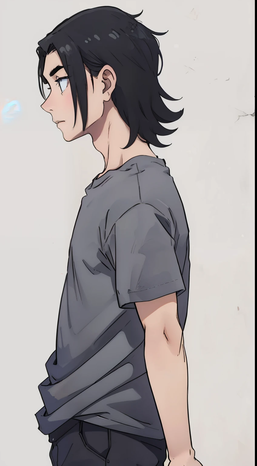 1 boy、Medium hair、A dark-haired、Plain T-shirt、profile、Gray flat color background、Skinny、Thin eyebrows