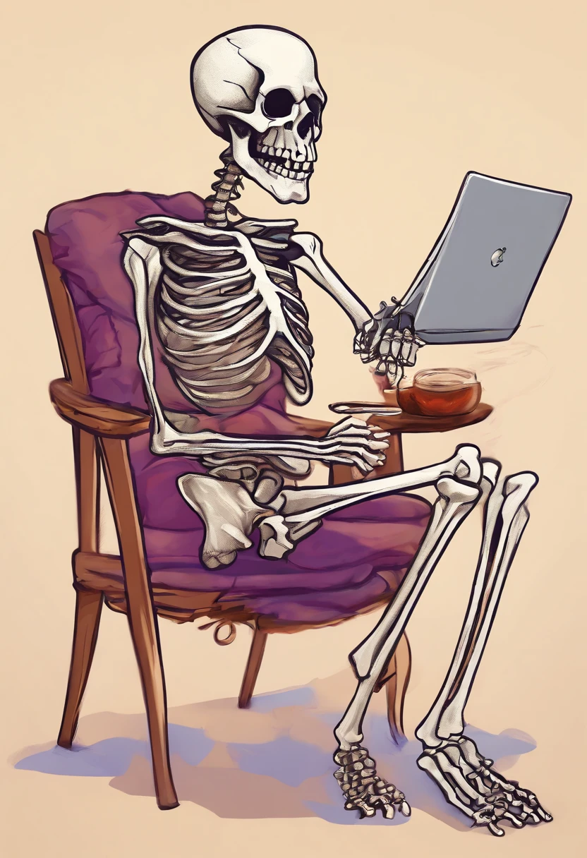 arafed skeleton sitting in a chair with a laptop and drinking a drink, cute skeleton, 3d illustration, 3 d illustration, cute 3 d render, 3 d render stylized, 2 d illustration, 2d illustration, cyber skeleton, an alien working on a computer, stylized 3d render, digital art render, stylized digital illustration