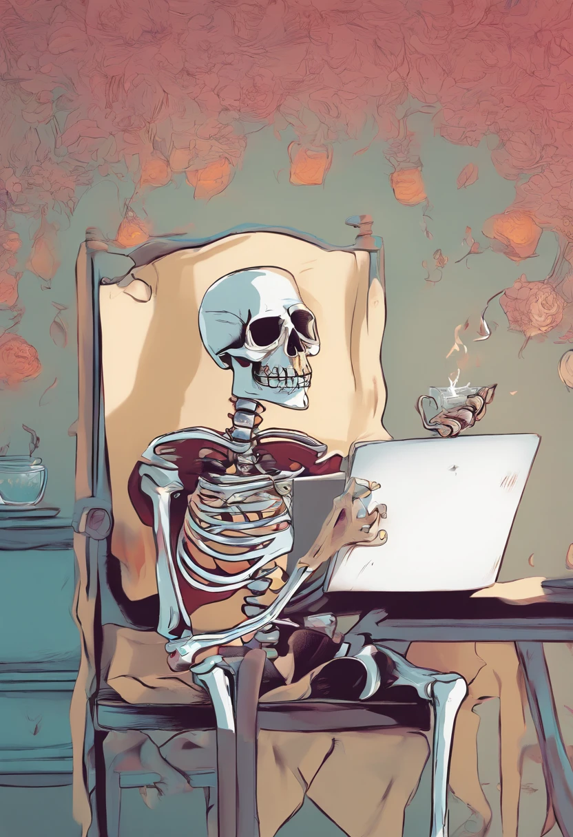 arafed skeleton sitting in a chair with a laptop and drinking a drink, cute skeleton, 3d illustration, 3 d illustration, cute 3 d render, 3 d render stylized, 2 d illustration, 2d illustration, cyber skeleton, an alien working on a computer, stylized 3d render, digital art render, stylized digital illustration