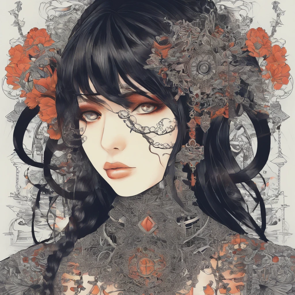 garota com roupas preta com arame farpado pelo corpo, Cyber Gothic, cabelo curto com franja curta reta, chains through the body and tattos on the neck