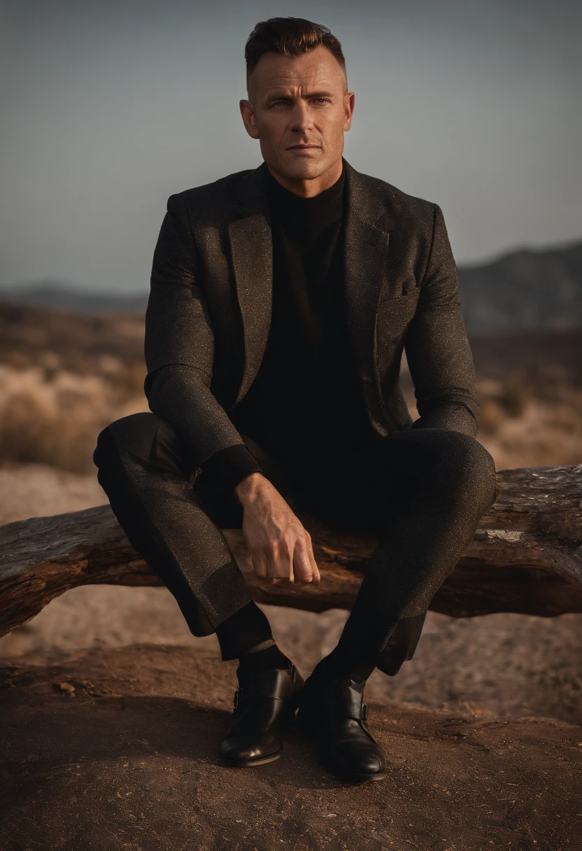 Cinematic photo, wide angle, of a handsom man, 40 years old, shaven , short curly brown hair. dark brown tight velvet suit, with black flower patterns. Minimalistic background, clean composition, strong details, Muted Colours, Hasselblad --style raw