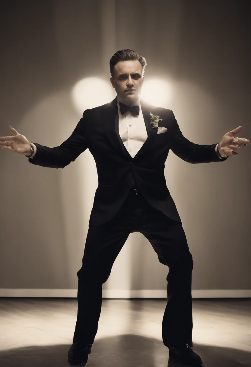 Cinematic photo, wide angle, of a handsom man, 40 years old, shaven , short curly brown hair. dark brown tight velvet suit, with black flower patterns. Minimalistic background, clean composition, strong details, Muted Colours, Hasselblad --style raw
