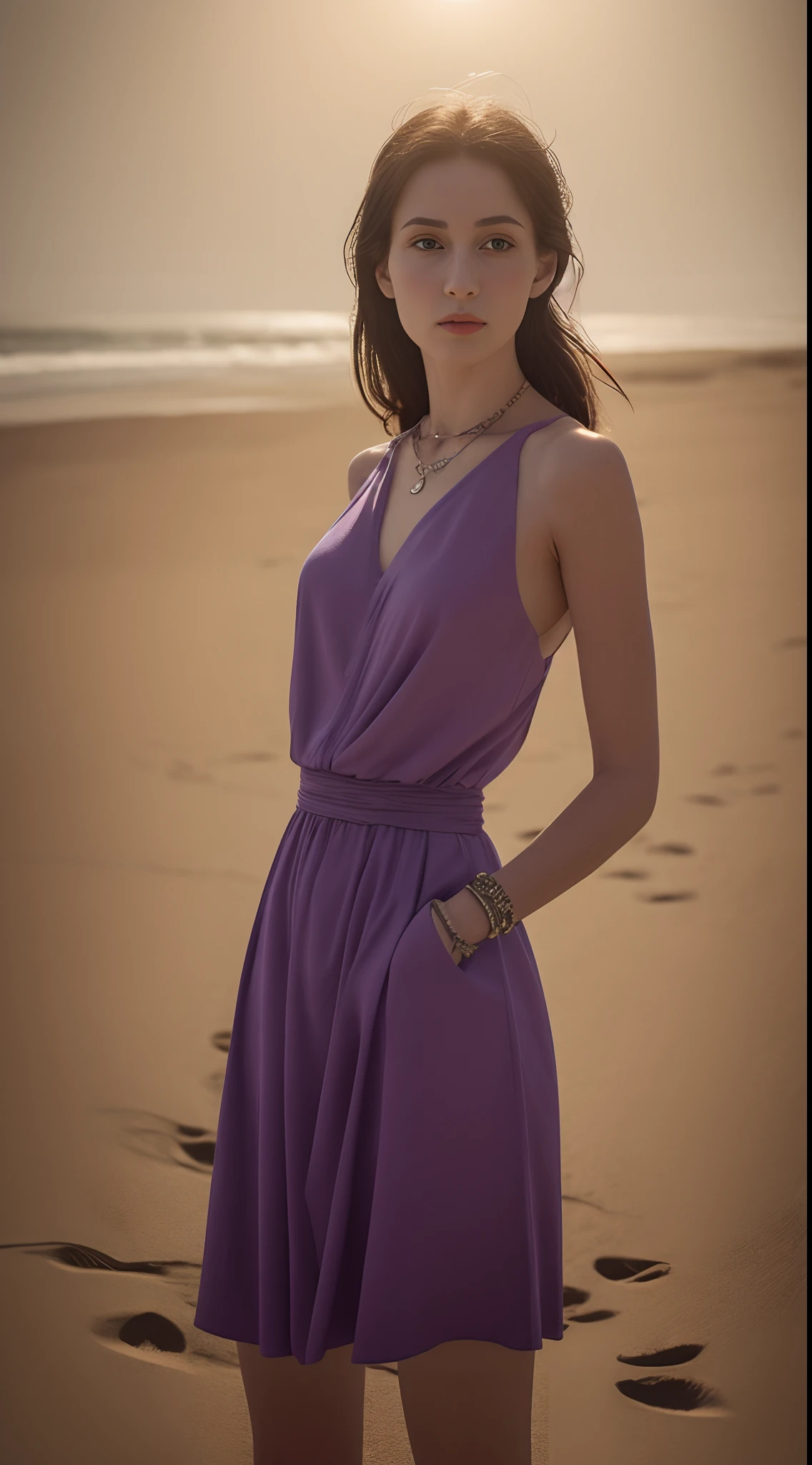 (Solo)，realisticlying，Fine face，夏天，beach side，sandbeach，Cinematic Light Lamp Light，kawaii faces，Extreme Detail CG Unity 8K Wallpapers，tmasterpiece，Highest image quality，Delicate light and shadow，The picture is highly dramatic，Cinematic lens effect，Excellent rendering，Enough to stand out from the crowd、Model body type、Slimed、A slender、small tits、tiny chest、Purple Summer Dress、a necklace、A bracelet、耳Nipple Ring