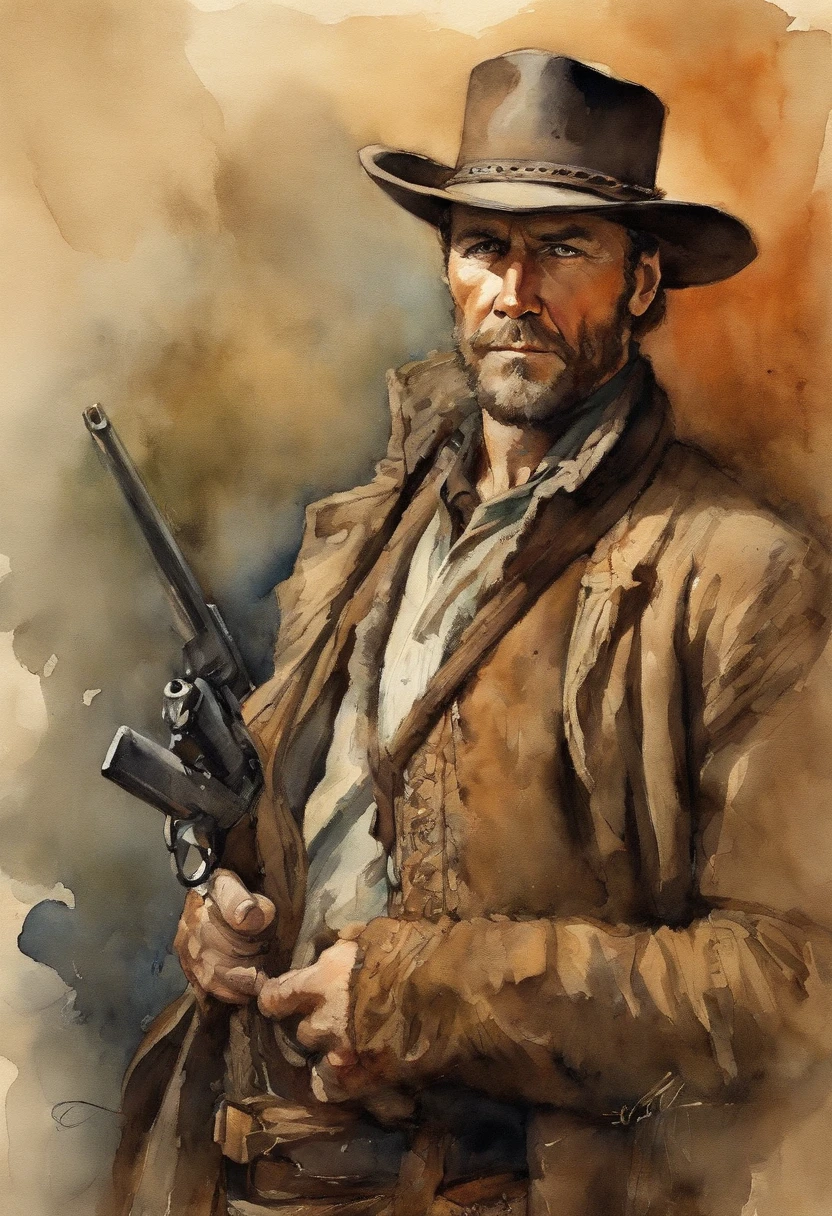 A gunslinger from the Old West, with a determined look and a gun in his hand. The image is inspired by the works of Clint Eastwood, such as "The Lone Gunslinger" and "The Good, the Bad and the Ugly". The gunslinger must have an air of mystery and danger, as if about to face a deadly duel. Colors must be vibrant and contrasting,
like those of Alphonse Mucha. The details must be delicate and complex, such as Mucha's. The strokes should be thick and almost erased, such as street art prints. The lines that delimit shapes should privilege more gross and straight angles.