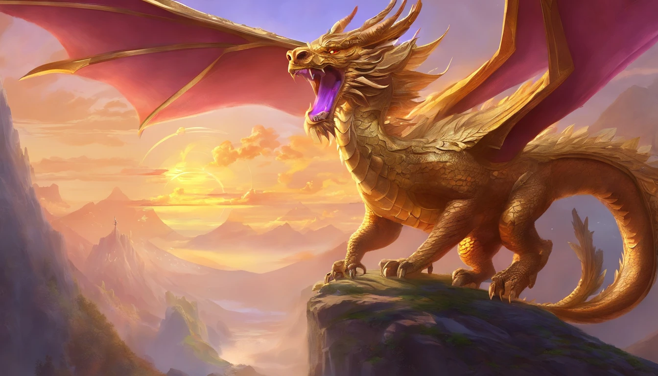 A Chinese dragon hovering between mountains looks at a purple-gold crown on its head at the top of the mountain,Wearing gold armor,Cloaked,,Painting of Sun Monkey standing on the top of a mountain with a golden hoop stick,With dragons as the main background,There are clouds,There are mountains,Flying in the sky(Chinese Dragon:1.5),highly detailed fantasy art,hyperrealistic d & D fantasy art,heroes, Artstation contest winner,--No wings,