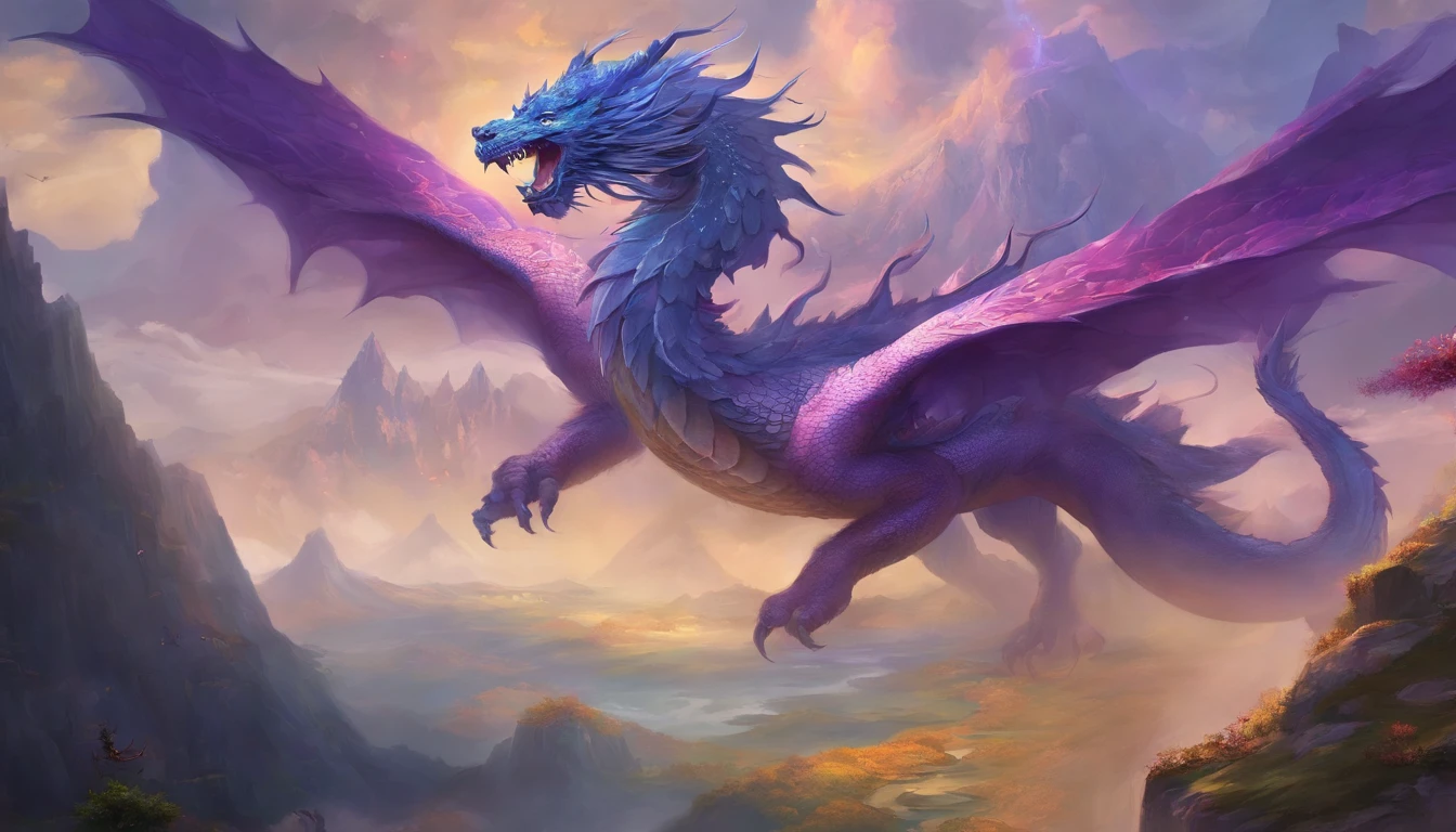 A Chinese dragon hovering between mountains looks at a purple-gold crown on its head at the top of the mountain,Wearing gold armor,Cloaked,,Painting of Sun Monkey standing on the top of a mountain with a golden hoop stick,With dragons as the main background,There are clouds,There are mountains,Flying in the sky(Chinese Dragon:1.5),highly detailed fantasy art,hyperrealistic d & D fantasy art,heroes, Artstation contest winner,--No wings,