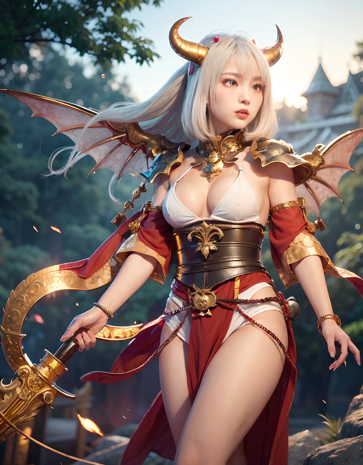 Professional , masterpiece、top-quality、photos realistic , depth of fields 、(White bikini armor)、(Mystical expression)、((Fight dragons)),(Wear a beautiful kimono),(Wear a beautiful kimono with colorful floral patterns)、Jewel Gold Weapon、Particles of light),Gorgeous gold weapons ,(( Gorgeous Dragon Sword)) , (Hold the Devil's Hand),,(maikurobikini) 、((White hair))、(Castle background)、(demonic wings)、((Gangle's forest background))、Beautiful Caucasian beauty、1a person、dynamic ungle,(((Two devil's horns on the head)))、Smaller head、Idle Smile、Thin and beautiful female hands、Mystical expression、Light Effects、intense fighting、Wind-effect、magic circles、With the legendary magic wand、Dragon's tail、