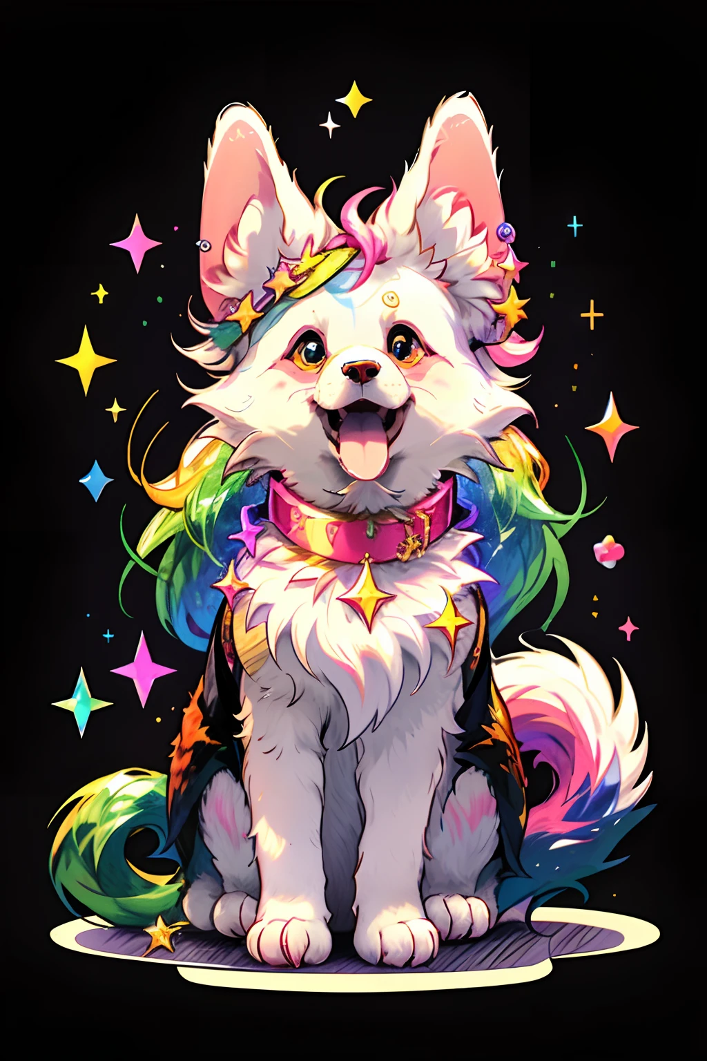 独奏， ssmile， with her mouth open， coda， Tongue stock， tongue stickout， As estrelas （sigature）， Collar， No Man， glittery， fang， head looking up， catss， Animal focus， sparkle eyes， fluffly，Pink and green hair，The tail has decorative items