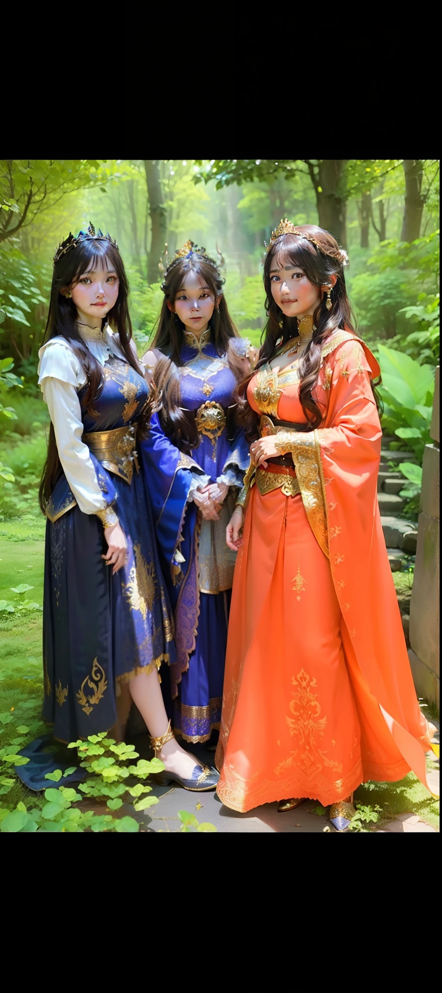 (highres,realistic:1.2),beautiful girl,princess,warriors,ethentic outfit,elaborate armor,ornate crown,detailed embroidery,shimmering jewels,regal cape,sparkling tiara,enchanted forest backdrop,ancient castle,storybook setting,vibrant colors,resplendent sunset,fierce determination,strong and brave,soft and gentle expression,proud stance,stern gaze,sword and shield,daring heroines,confident smiles,flowing hair,graceful movements,vivid patterns,mythical creatures,golden accents,ethereal lighting,majestic atmosphere,mythical powers,royal bloodline,unyielding spirit,magical adventures,courage in the face of danger,fantasy realm,intricate details,epic quest