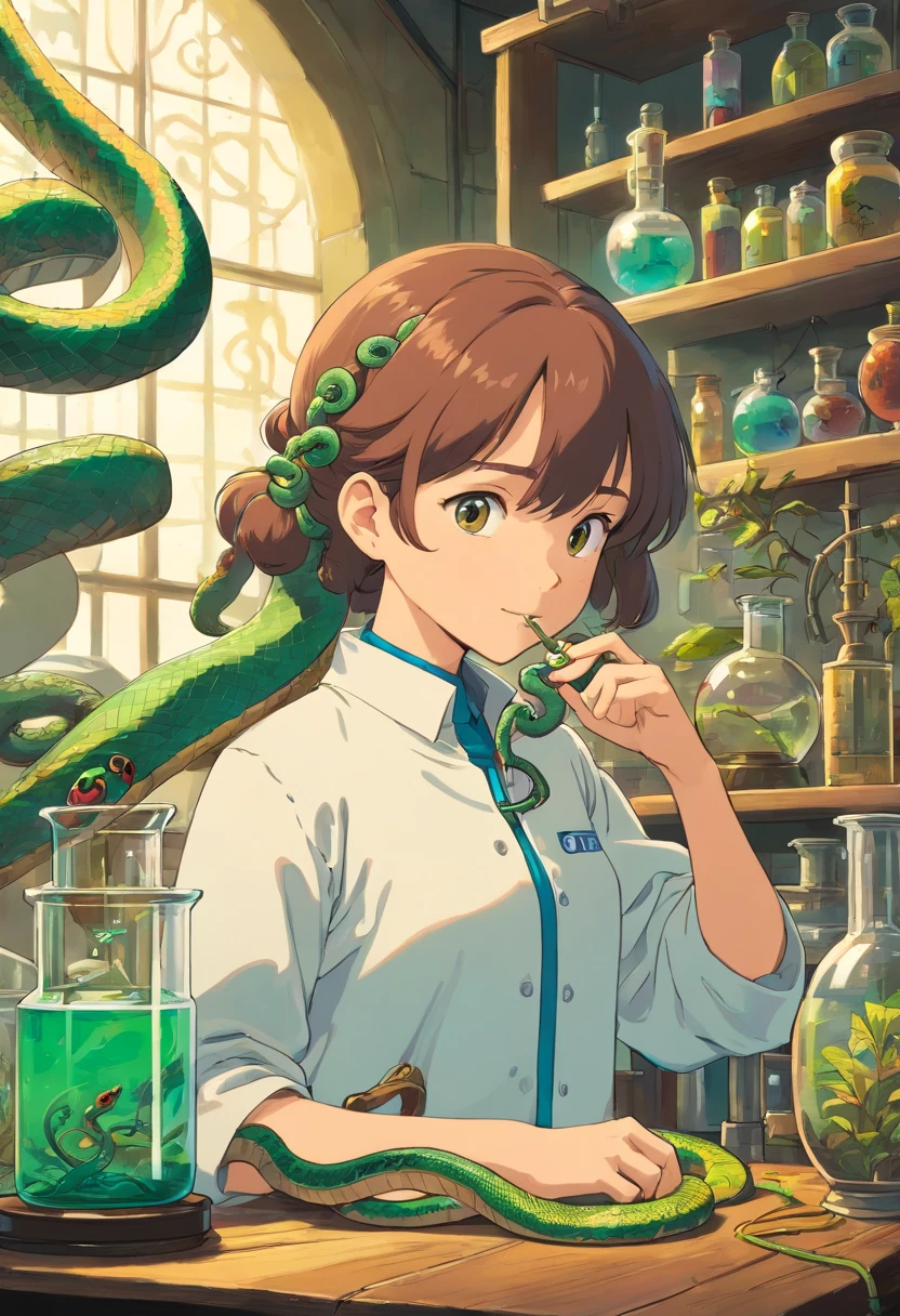 a girl with a snake in the laboratory