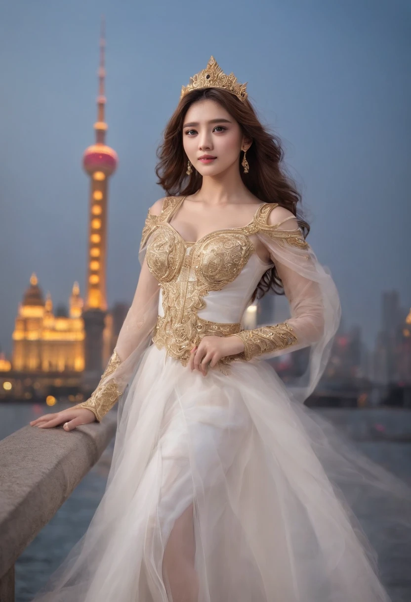 Saint Seiya Athena,The whole body is like feet can be seen,Very delicate face,Perfect facial features,Very fine details,Full character full body,Full body photo of Athena,Full body portrait of the character,Shanghai at night,Location of the Bund in Shanghai,There were a lot of onlookers around,The picture is rich in detail,The Bund is lit up at night,There are a lot of clouds in the sky,4k画质,Cinematic graphics,21mm lens,Large wide-angle lens,The whole body of the character,Lens bokeh effect。