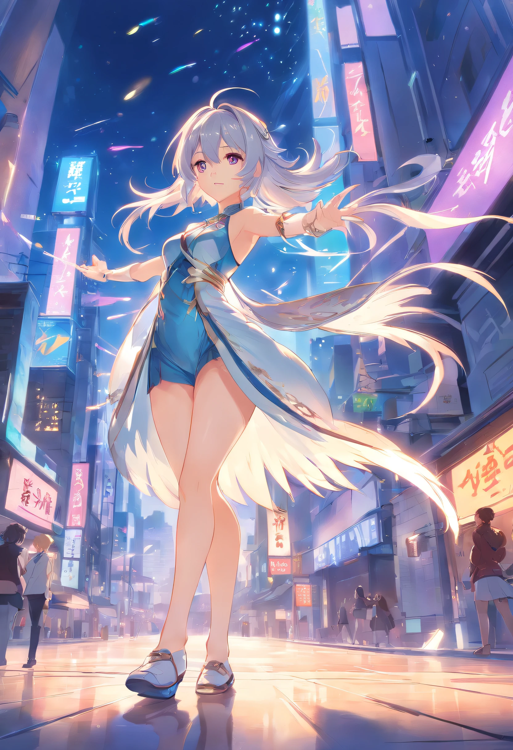 (best qualtiy,detailed back ground,A high resolution,absurderes,full bloom,messy hair,shinny hair,Exposure to light,Bright pupils), 1girll,Focus on the legs,receiver,long whitr hair,silber hair,large_breasts,action_pose,standing on your feet,Behind the arm,stage,spotlight lights,glass ceilings, God and(genshin impact),hair_ornament,Hair is more than one eye,designer dress,dutch_angle,