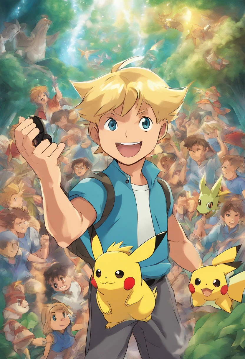 Steve irwin, 1 boy, male focus, blonde hair, holding, holding a microphone speaking to a crowd, Pikachu, Vaporeon, Jolteon and Bulbasaur are on his shoulders, in a Pokemon Gym, specular highlights, detailed face, detailed eyes,