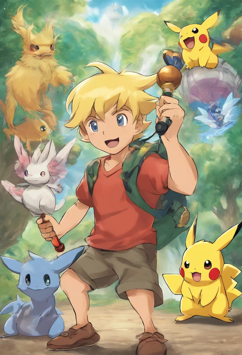 Steve irwin, 1 boy, male focus, blonde hair, holding, holding a microphone speaking to a crowd, Pikachu, Vaporeon, Jolteon and Bulbasaur are on his shoulders, in a Pokemon Gym, specular highlights, detailed face, detailed eyes,