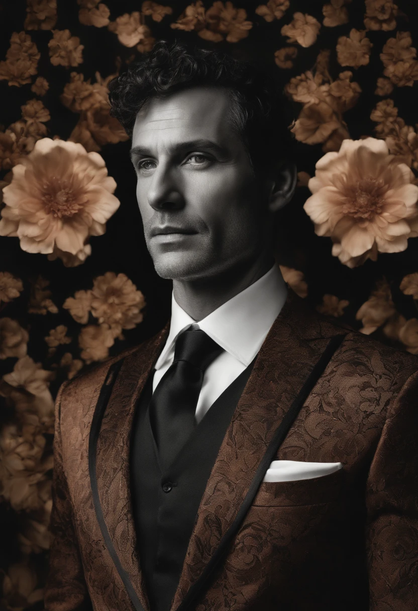 Cinematic photo, Grand angle, of a handsom man, 40 ans, shaven , curly short brown hair. Dark brown tight velvet suit, avec des motifs de fleurs noires. minimalist background, Composition propre, Strong details, muted colors, Hasselblad --style brut