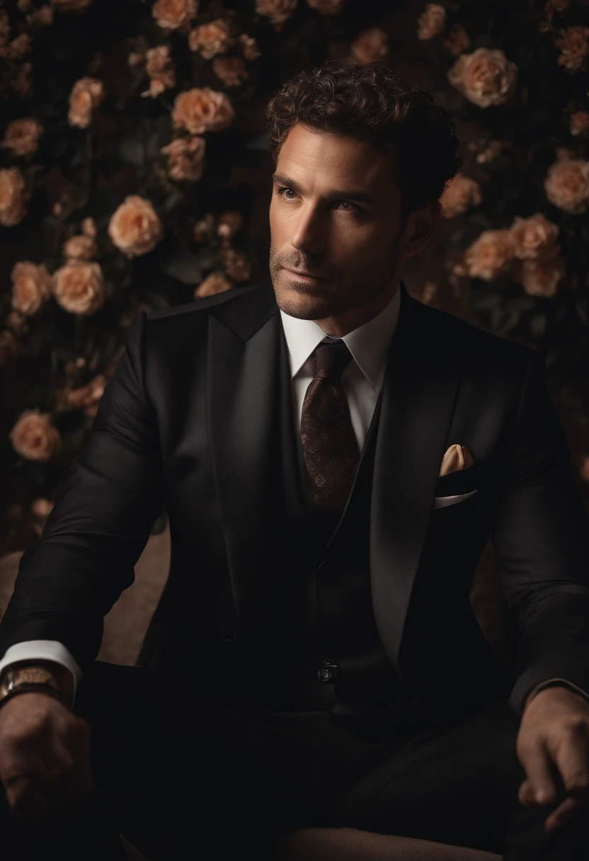 Cinematic photo, Grand angle, of a handsom man, 40 ans, shaven , curly short brown hair. Dark brown tight velvet suit, avec des motifs de fleurs noires. minimalist background, Composition propre, Strong details, muted colors, Hasselblad --style brut