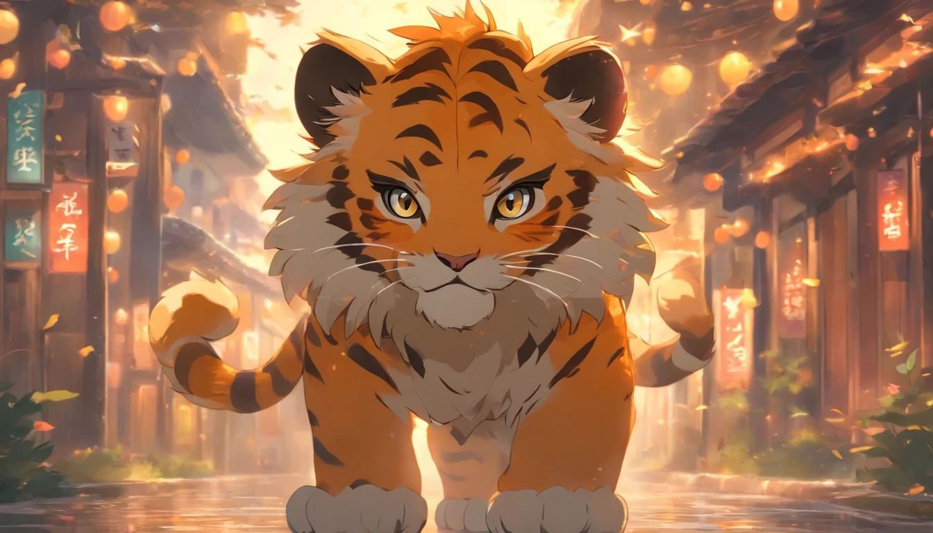Zodiac Tiger A fluffy little tiger, ,Big eyes, Wear festive attire, Standing on the side of the street, Ancient style, Artistic touch，Snes painting