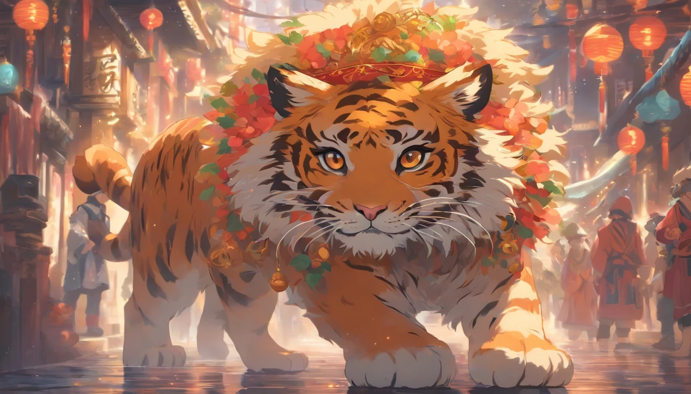 Zodiac Tiger A fluffy little tiger, ,Big eyes, Wear festive attire, Standing on the side of the street, Ancient style, Artistic touch,Snes painting