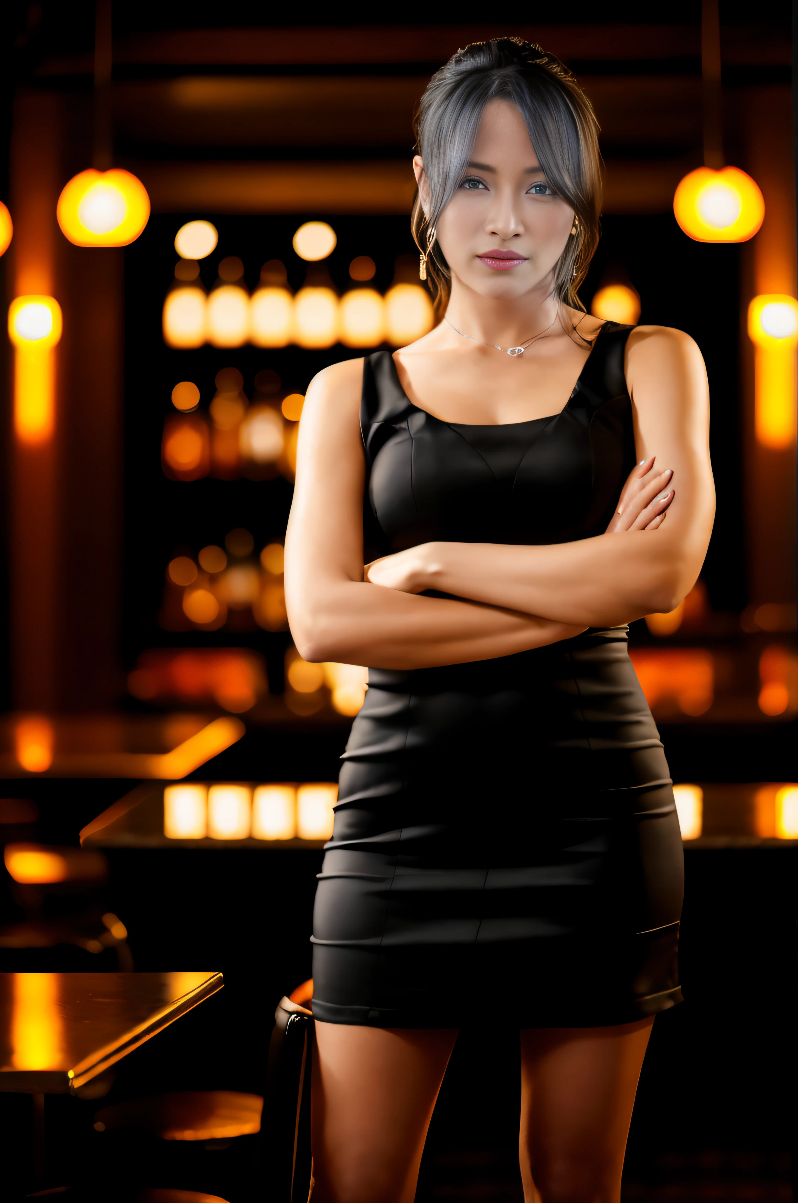 arafed woman in a black dress standing in a dimly lit bar, elegant confident pose, she is wearing a black dress, well lit professional photo, an elegant woman in black dress, full body portrait shot, epic and classy portrait, standing elegant pose, stunning elegant pose, woman in black business suit, mid body portrait, waist up portrait, elegant posed